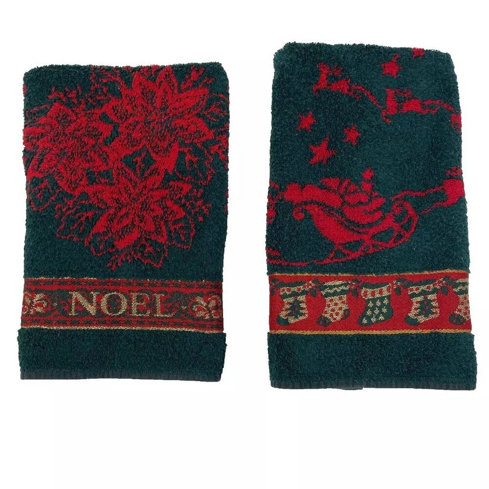 2 Christmas Hand Towels Green Red Gold Poinsettia Santa Stockings Noel Vintage